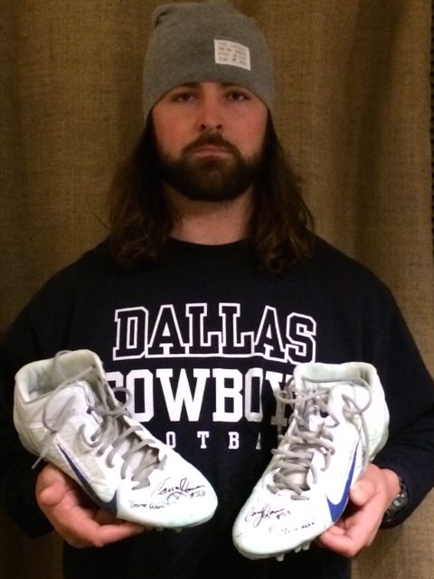 Cameron Lawrence Dallas Cowboys Game Worn & Signed White & Blue Customized  '53' Nike Cleats - Big Dawg Possessions