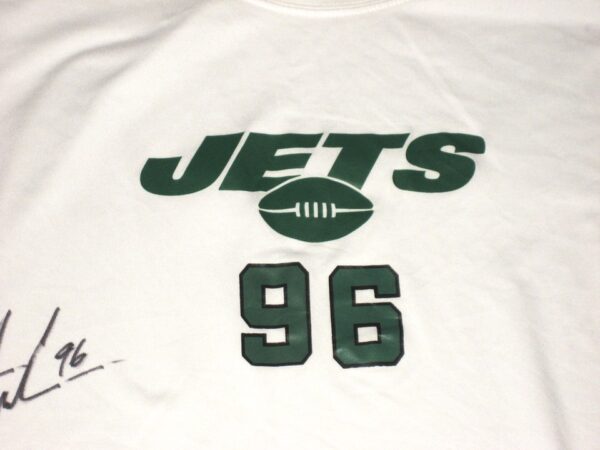 Henry Anderson Pregame Worn & Signed White & Green New York Jets #96 Long Sleeve Nike Dri-Fit XXL Shirt