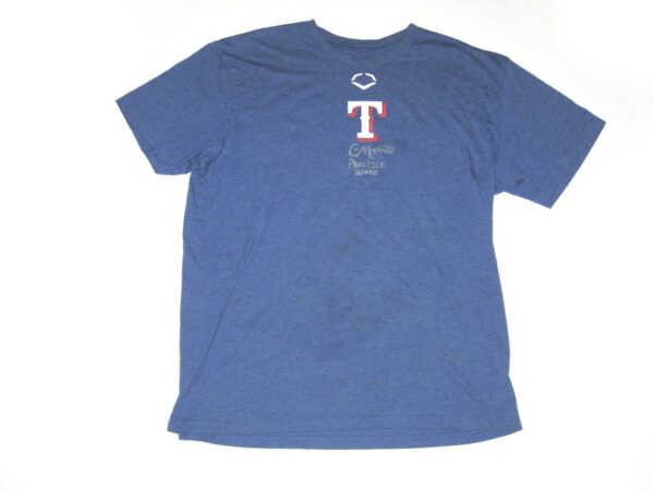 Colby Morris 2020 Team Issued & Signed Blue Texas Rangers #42 EvoShield XL Shirt