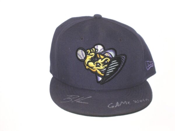 Bradley Hanner Game Worn & Signed Purple Fort Myers Mighty Mussels Alternate Authentic Collection On-Field New Era 59FIFTY Fitted Hat