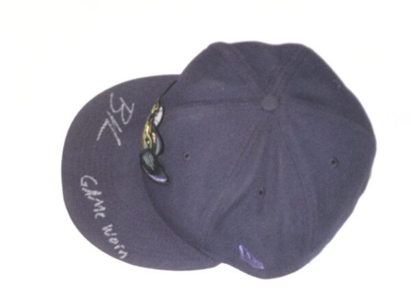 Bradley Hanner Game Worn & Signed Purple Fort Myers Mighty Mussels Alternate Authentic Collection On-Field New Era 59FIFTY Fitted Hat