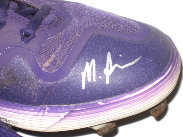 Matthew Swain Fort Myers Mighty Mussels Game Worn & Signed Purple & Gold Nike Alpha Baseball Cleats