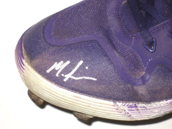 Matthew Swain Fort Myers Mighty Mussels Game Worn & Signed Purple & Gold Nike Alpha Baseball Cleats