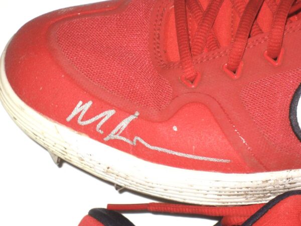 Matthew Swain 2021 Fort Myers Mighty Mussels Game Worn & Signed Red & White Nike Alpha Baseball Cleats