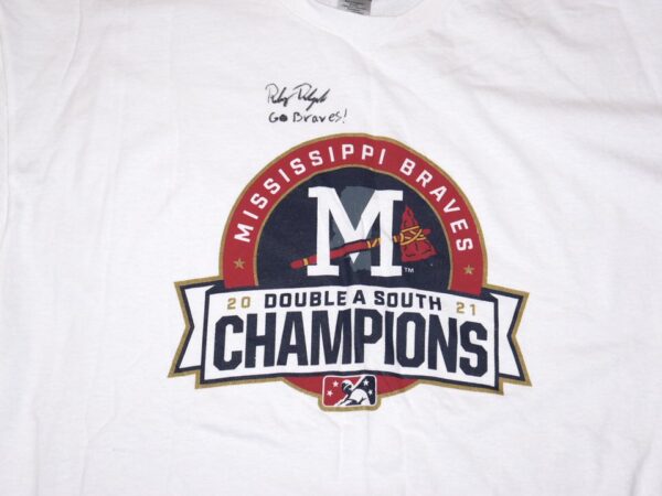 Riley Delgado Practice Worn & Signed Mississippi Braves 2021 Double A South Champions Gildan XL Shirt