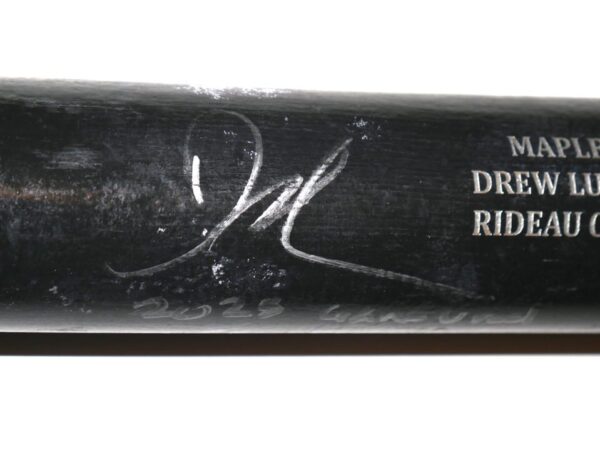 Drew Lugbauer 2023 Atlanta Braves Game Used & Signed SAM Rideau Crusher Maple DL1 Baseball Bat - Missing Huge Piece!