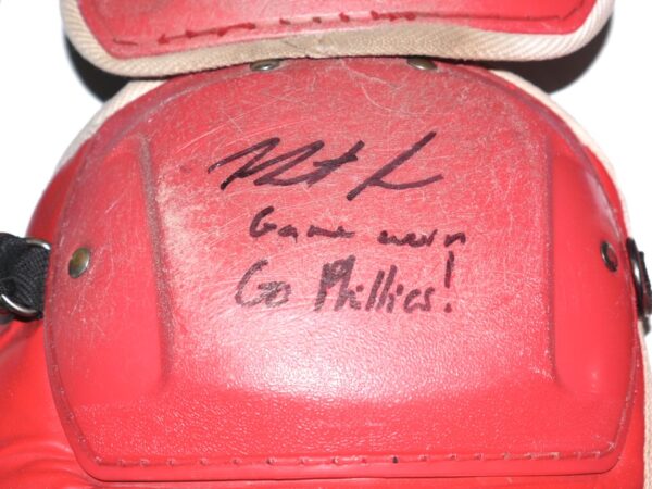 Herbert Iser 2022 Reading Fightin Phils Game Worn & Signed Go Phillies! Red Nike Vapor Catcher's Leg Guards