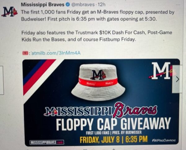 Indigo Diaz 2022 Team Issued & Signed Mississippi Braves Floppy Cap -Promotional Giveaway to 1st 1000 M-Braves Fans Sponsored by Budweiser!! - Email