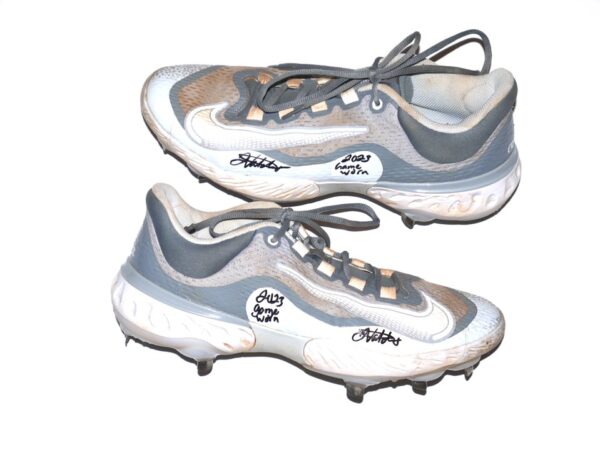 Javier Valdes 2023 Mississippi Braves Game Worn & Signed Gray & White Nike React Baseball Cleats