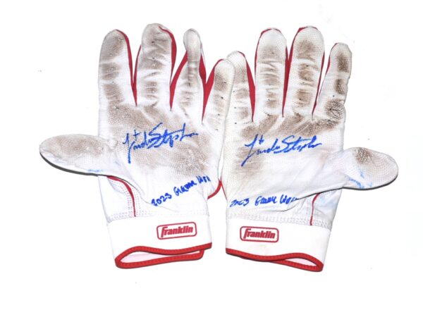 Landon Stephens 2023 Mississippi Braves Game Worn & Signed White & Red Franklin Batting Gloves