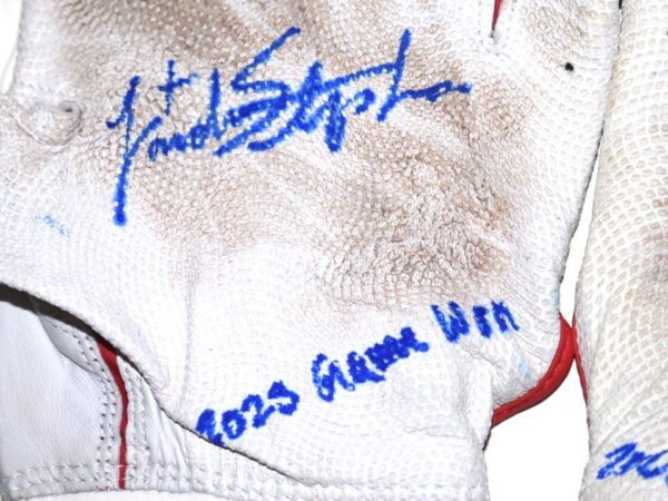 Landon Stephens 2023 Mississippi Braves Game Worn & Signed White & Red Franklin Batting Gloves