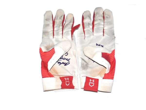 Andrew Moritz 2023 Mississippi Braves Game Worn & Signed White & Red Under Armour Batting Gloves