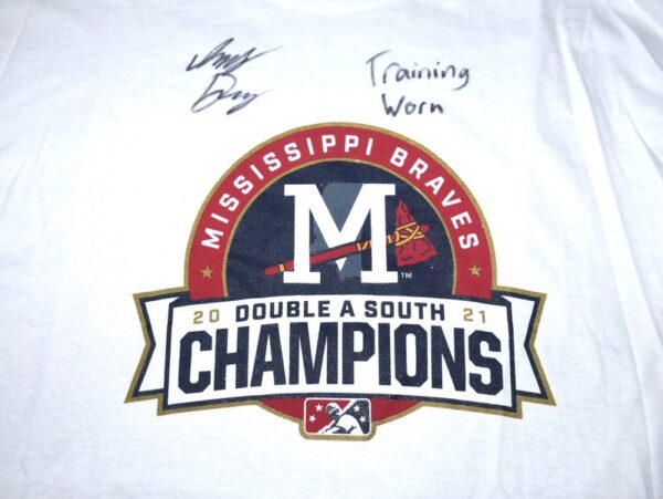 Indigo Diaz Training Worn & Signed Mississippi Braves 2021 Double A South Champions Gildan XL Shirt