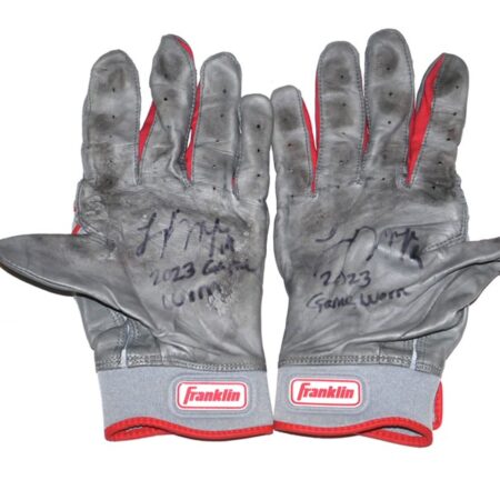 Logan O'Hoppe 2023 Los Angeles Angels Game Worn & Signed Gray & Red Franklin Powerstrap Batting Gloves