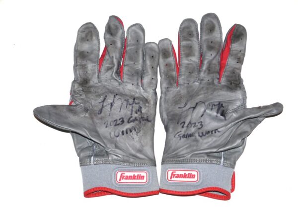 Logan O'Hoppe 2023 Los Angeles Angels Game Worn & Signed Gray & Red Franklin Powerstrap Batting Gloves