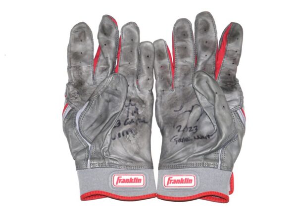 Logan O'Hoppe 2023 Los Angeles Angels Game Worn & Signed Gray & Red Franklin Powerstrap Batting Gloves