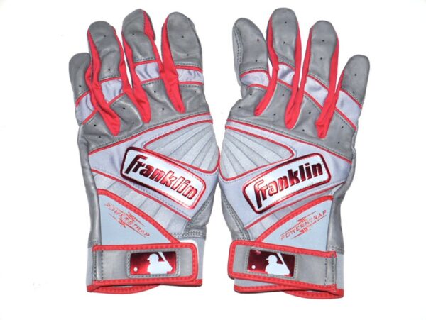 Logan O'Hoppe 2023 Los Angeles Angels Game Worn & Signed Gray & Red Franklin Powerstrap Batting Gloves