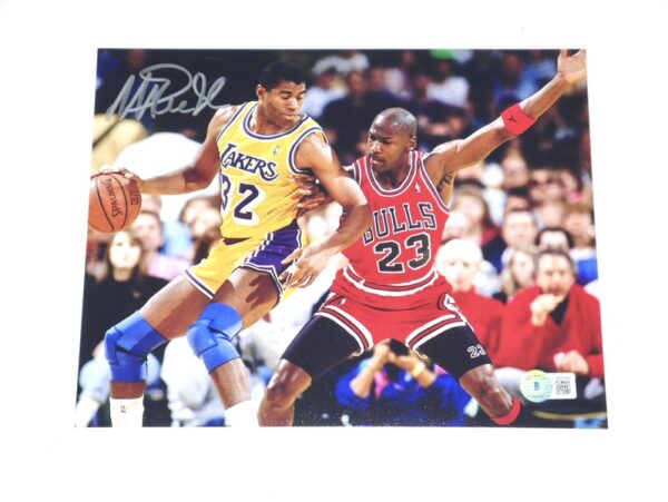 Magic Johnson Signed Los Angeles Lakers 8 x 10 Vs Michael Jordan - Beckett Witnessed