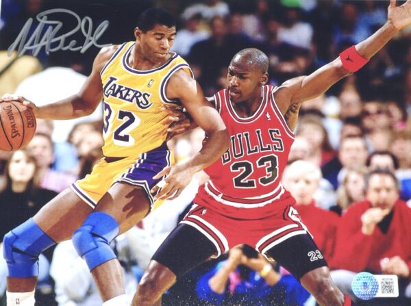 Magic Johnson Signed Los Angeles Lakers 8 x 10 Vs Michael Jordan - Beckett Witnessed