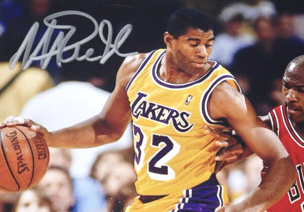 Magic Johnson Signed Los Angeles Lakers 8 x 10 Vs Michael Jordan - Beckett Witnessed