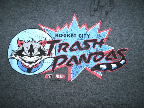 Coleman Crow Team Issued & Signed Rocket City Trash Pandas Marvel's Defenders of the Diamond Shirt