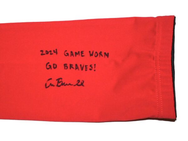 Cade Bunnell 2024 Mississippi Braves Game Worn & Signed Go Braves! Red Arm Sleeve