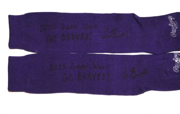 Cade Bunnell 2024 Mississippi Braves Game Worn & Signed Go Braves! Purple Rawlings Baseball Socks