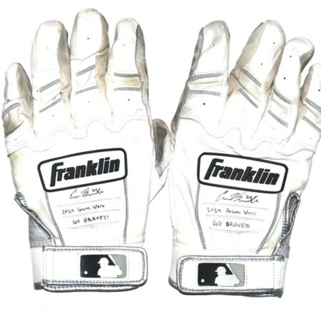 Cade Bunnell 2024 Mississippi Braves Game Worn & Signed Go Braves! White & Grey Franklin Batting Gloves