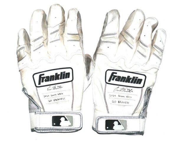 Cade Bunnell 2024 Mississippi Braves Game Worn & Signed Go Braves! White & Grey Franklin Batting Gloves