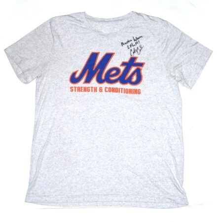 Coleman Crow 2023 Practice Worn & Signed LFGM! Official New York Mets Strength and Conditioning Shirt