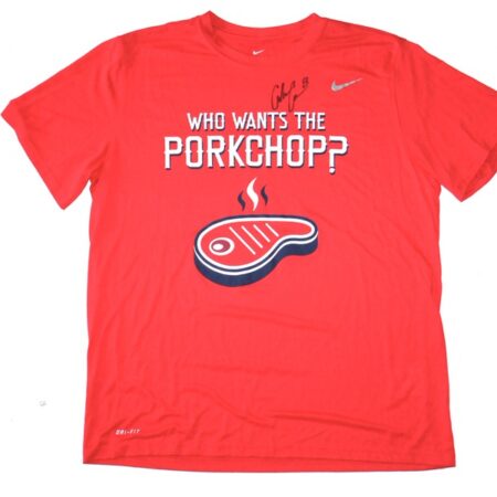 Coleman Crow Rocket City Trash Pandas Practice Worn & Signed WHO WANTS THE PORKCHOP? Shirt