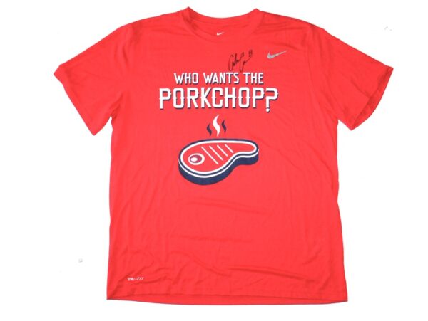 Coleman Crow Rocket City Trash Pandas Practice Worn & Signed WHO WANTS THE PORKCHOP? Shirt