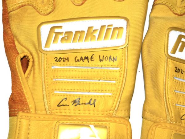 Cade Bunnell 2024 Mississippi Braves Game Worn & Signed Go Braves! Yellow Franklin Batting Gloves