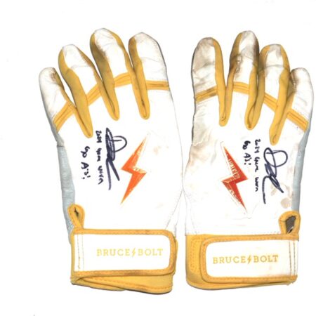 Drew Lugbauer 2024 Las Vegas Aviators Game Worn & Signed White & Yellow Bruce Bolt Batting Gloves