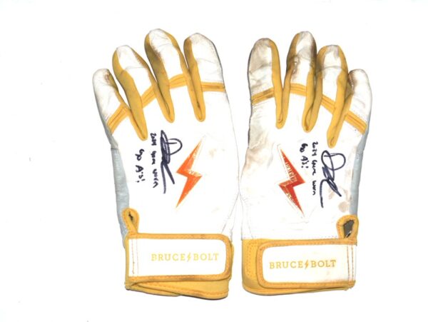 Drew Lugbauer 2024 Las Vegas Aviators Game Worn & Signed White & Yellow Bruce Bolt Batting Gloves