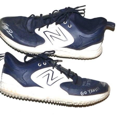 Indigo Diaz 2024 Hudson Valley Renegades Training Worn & Signed Blue & White GO YANKS! New Balance Baseball Turf Shoes