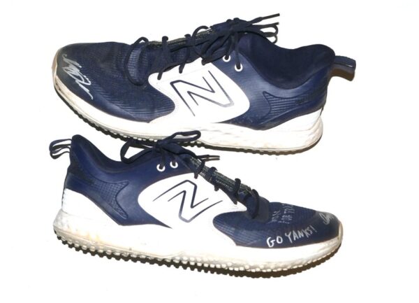 Indigo Diaz 2024 Hudson Valley Renegades Training Worn & Signed Blue & White GO YANKS! New Balance Baseball Turf Shoes