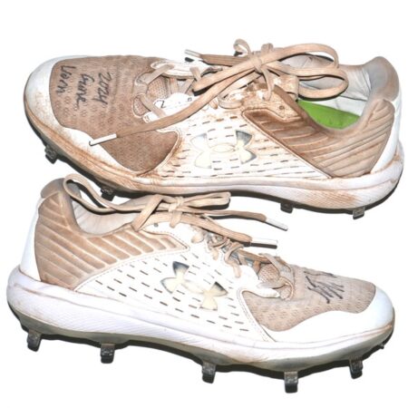 Luke Waddell 2024 Gwinnett Stripers #79 Game Worn & Signed White & Tan Under Armour Baseball Cleats