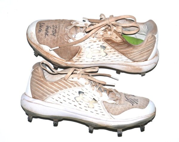 Luke Waddell 2024 Gwinnett Stripers #79 Game Worn & Signed White & Tan Under Armour Baseball Cleats