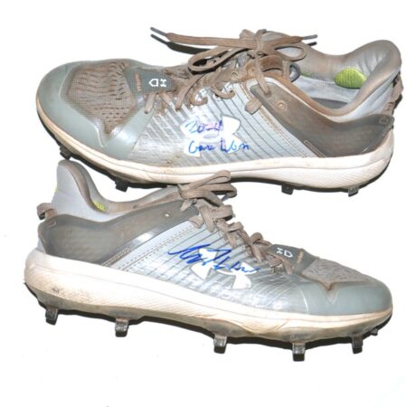 Luke Waddell 2024 Gwinnett Stripers Game Worn & Signed Grey & White Under Armour Baseball Cleats