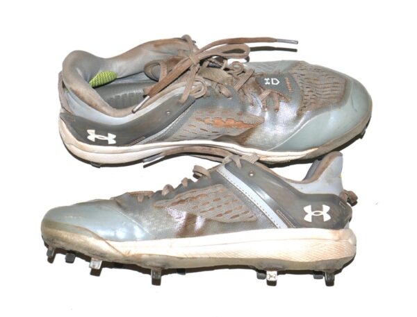 Luke Waddell 2024 Gwinnett Stripers Game Worn & Signed Grey & White Under Armour Baseball Cleats