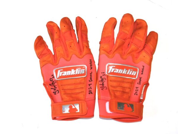 Yohel Pozo 2024 Las Vegas Aviators Game Worn & Signed Orange Franklin Batting Gloves