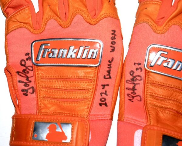 Yohel Pozo 2024 Las Vegas Aviators Game Worn & Signed Orange Franklin Batting Gloves1