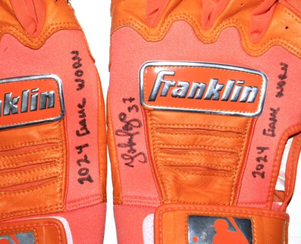 Yohel Pozo 2024 Las Vegas Aviators Game Worn & Signed Orange Franklin Batting Gloves1