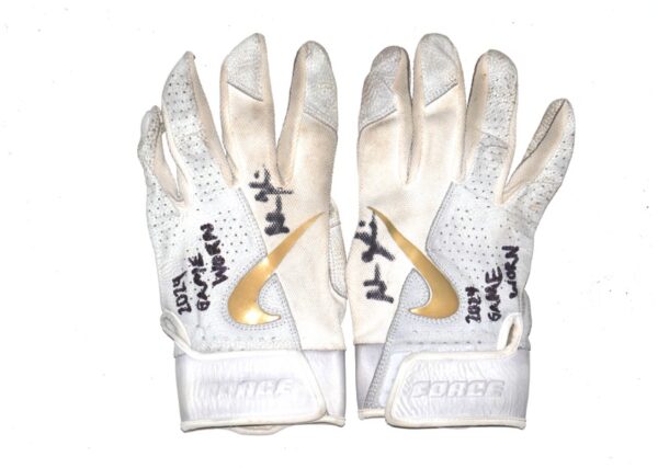 Adam Zebrowski 2024 Rome Emperors Game Worn & Signed White, Grey & Gold Nike Force Baseball Gloves