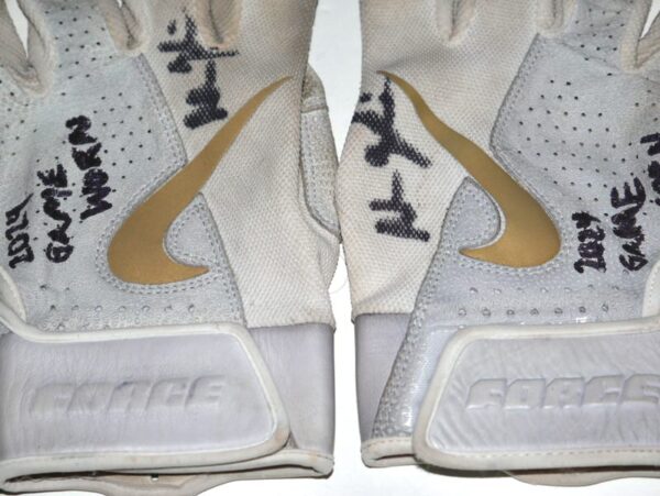 Adam Zebrowski 2024 Rome Emperors Game Worn & Signed White, Grey & Gold Nike Force Baseball Gloves