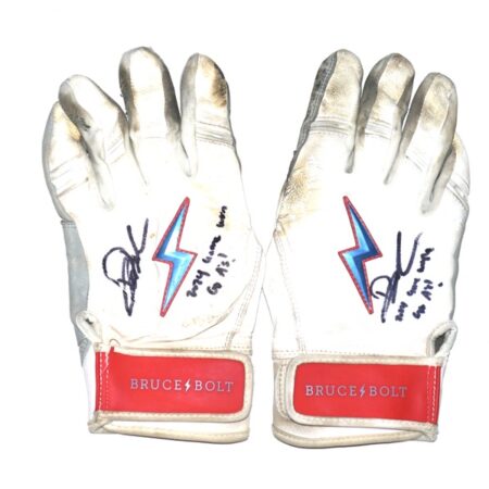 Drew Lugbauer 2024 Las Vegas Aviators Game Worn & Signed White, Blue & Red Bruce Bolt Batting Gloves