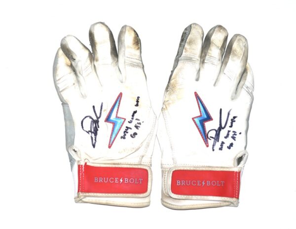 Drew Lugbauer 2024 Las Vegas Aviators Game Worn & Signed White, Blue & Red Bruce Bolt Batting Gloves