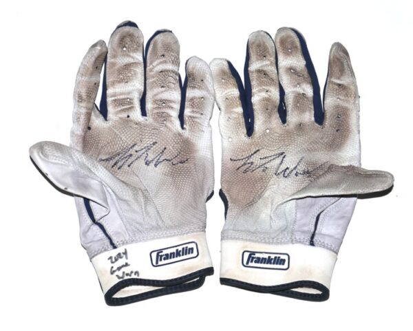 Luke Waddell 2024 Gwinnett Stripers Game Worn & Signed White & Blue Franklin Batting Gloves