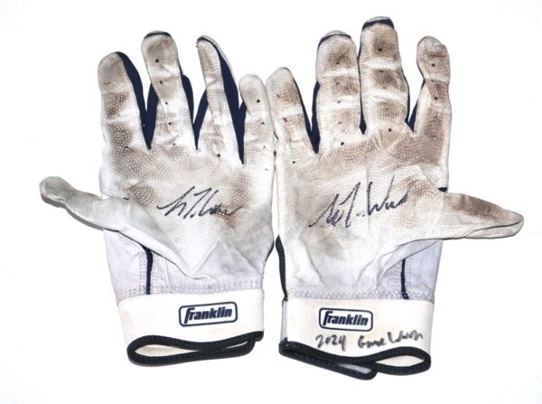 Luke Waddell 2024 Gwinnett Stripers Game Worn & Signed White & Blue Franklin Batting Gloves